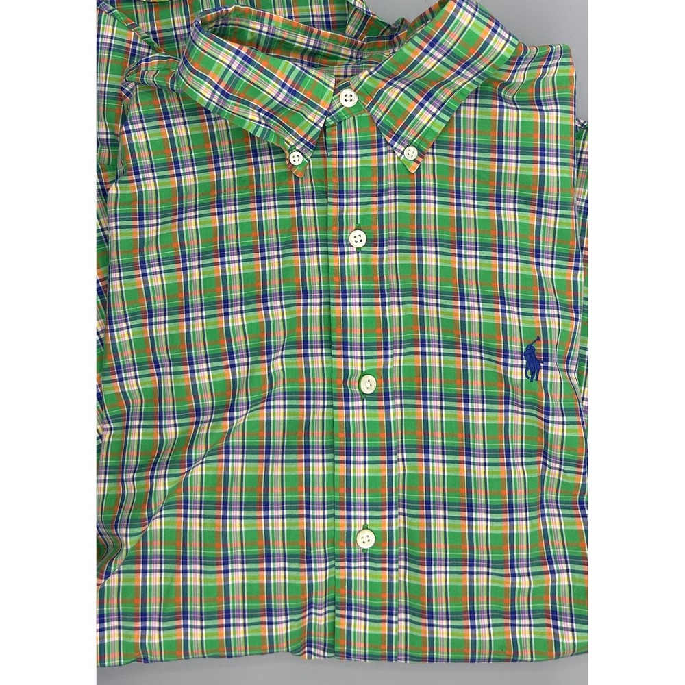 Ralph Lauren Custom Fit Plaid Button Down‎ Shirt Mens Size L Green Blue Orange